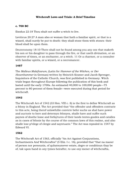 Witchcraft Laws and Trials: a Brief Timeline C. 700 BC Exodus 22:18 Thou Shalt Not Suffer a Witch to Live. Leviticus 20:27 A