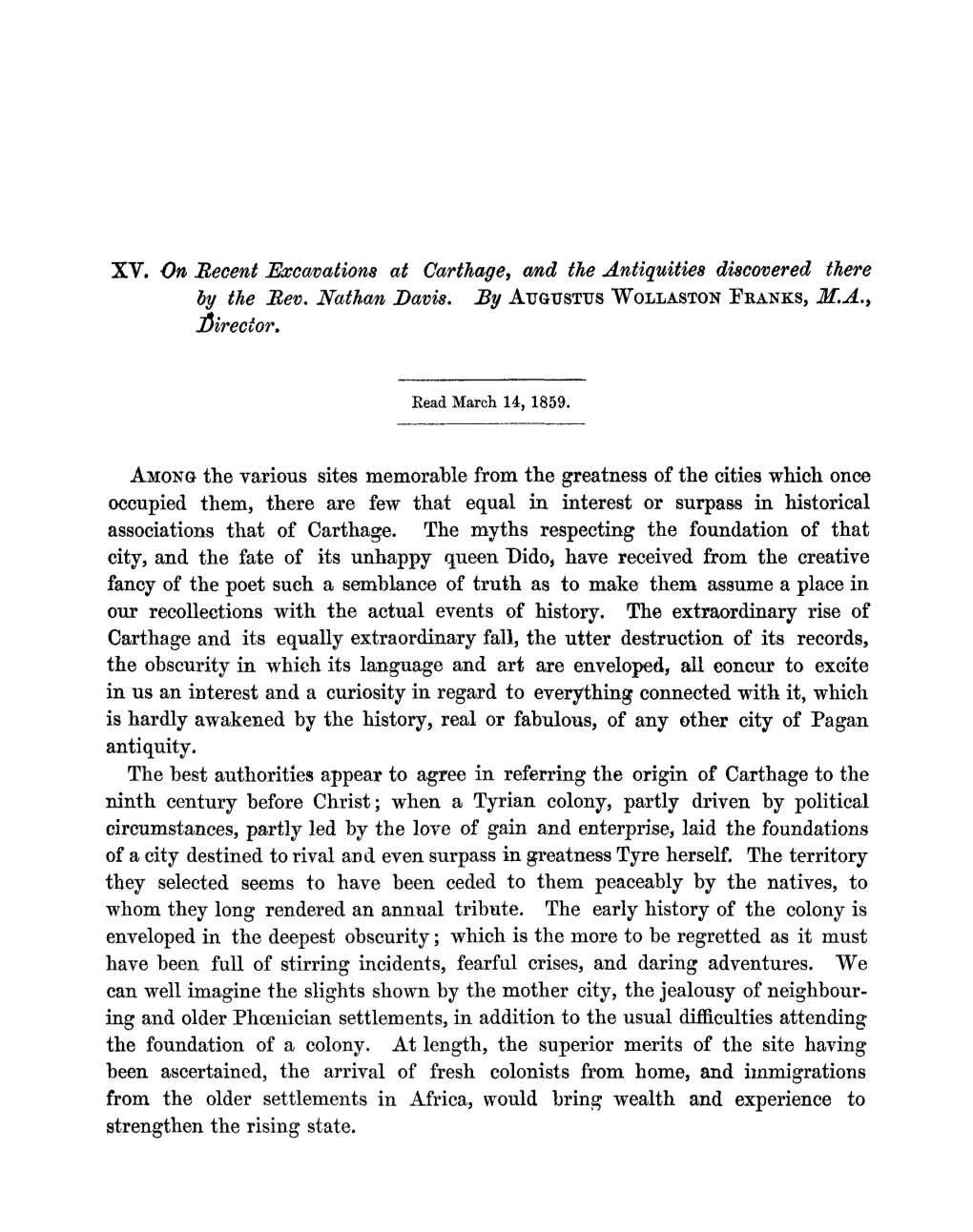 XV. on Recent Excavations at Carthage, and the Antiquities Discovered There by the Rev