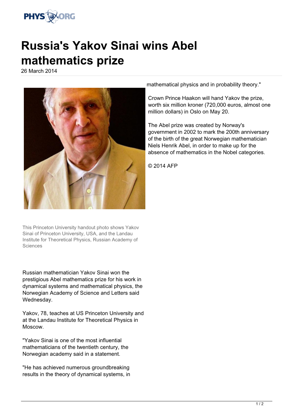 Russia's Yakov Sinai Wins Abel Mathematics Prize 26 March 2014