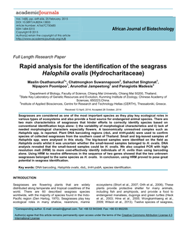Rapid Analysis for the Identification of the Seagrass Halophila Ovalis (Hydrocharitaceae)