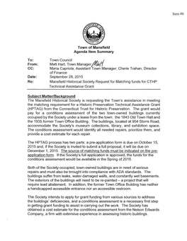 Re: Town of Mansfield Agenda Item Summary Town