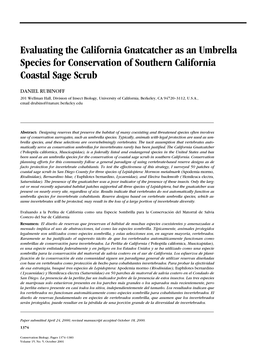 Evaluating the California Gnatcatcher As an Umbrella Species for Conservation of Southern California Coastal Sage Scrub