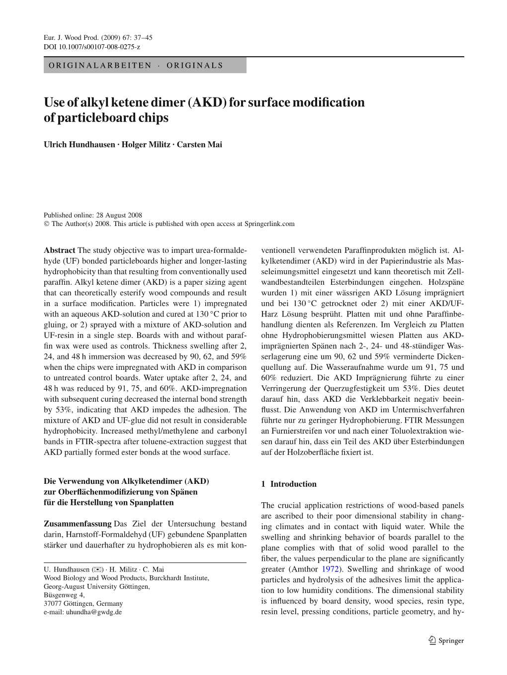 Use of Alkyl Ketene Dimer (AKD) for Surface Modiﬁcation of Particleboard Chips