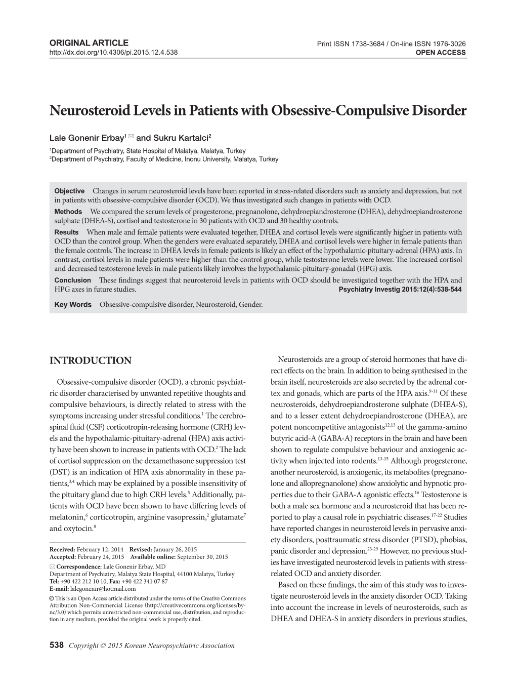 Neurosteroid Levels in Patients with Obsessive-Compulsive Disorder