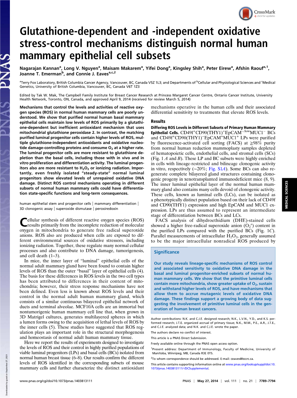 Glutathione-Dependent and -Independent Oxidative Stress-Control Mechanisms Distinguish Normal Human Mammary Epithelial Cell Subsets