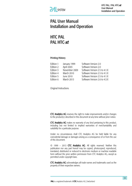 PAL User Manual Installation and Operation HTC PAL PAL HTC-Xt