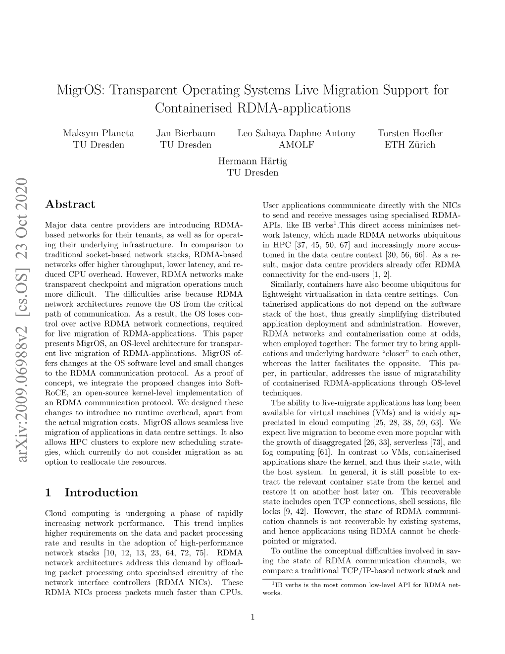 Transparent Operating Systems Live Migration Support for Containerised RDMA-Applications