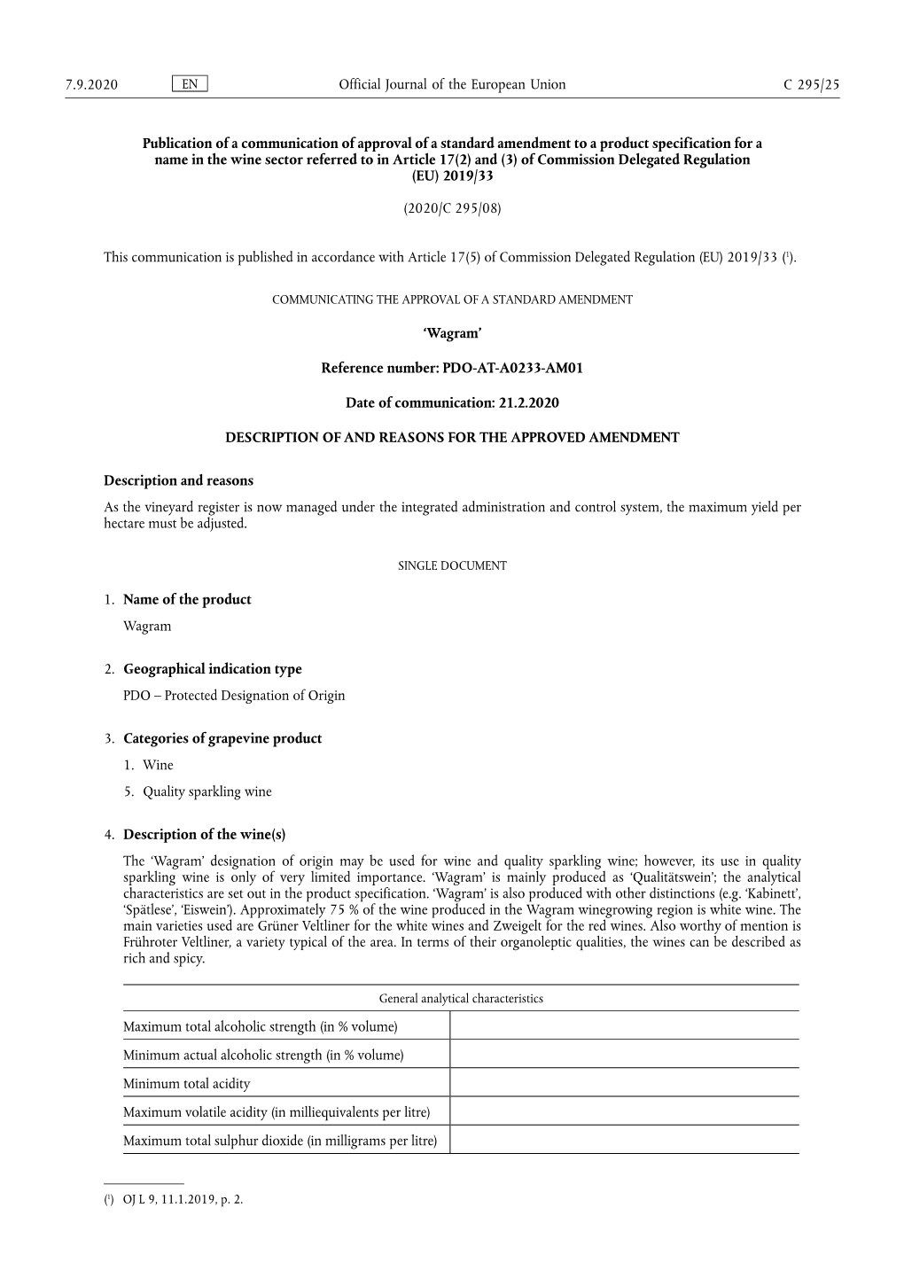 Publication of a Communication of Approval of a Standard Amendment