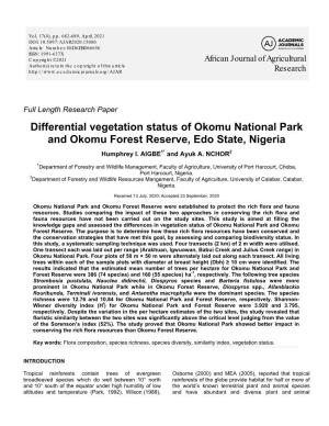 Differential Vegetation Status of Okomu National Park and Okomu Forest Reserve, Edo State, Nigeria