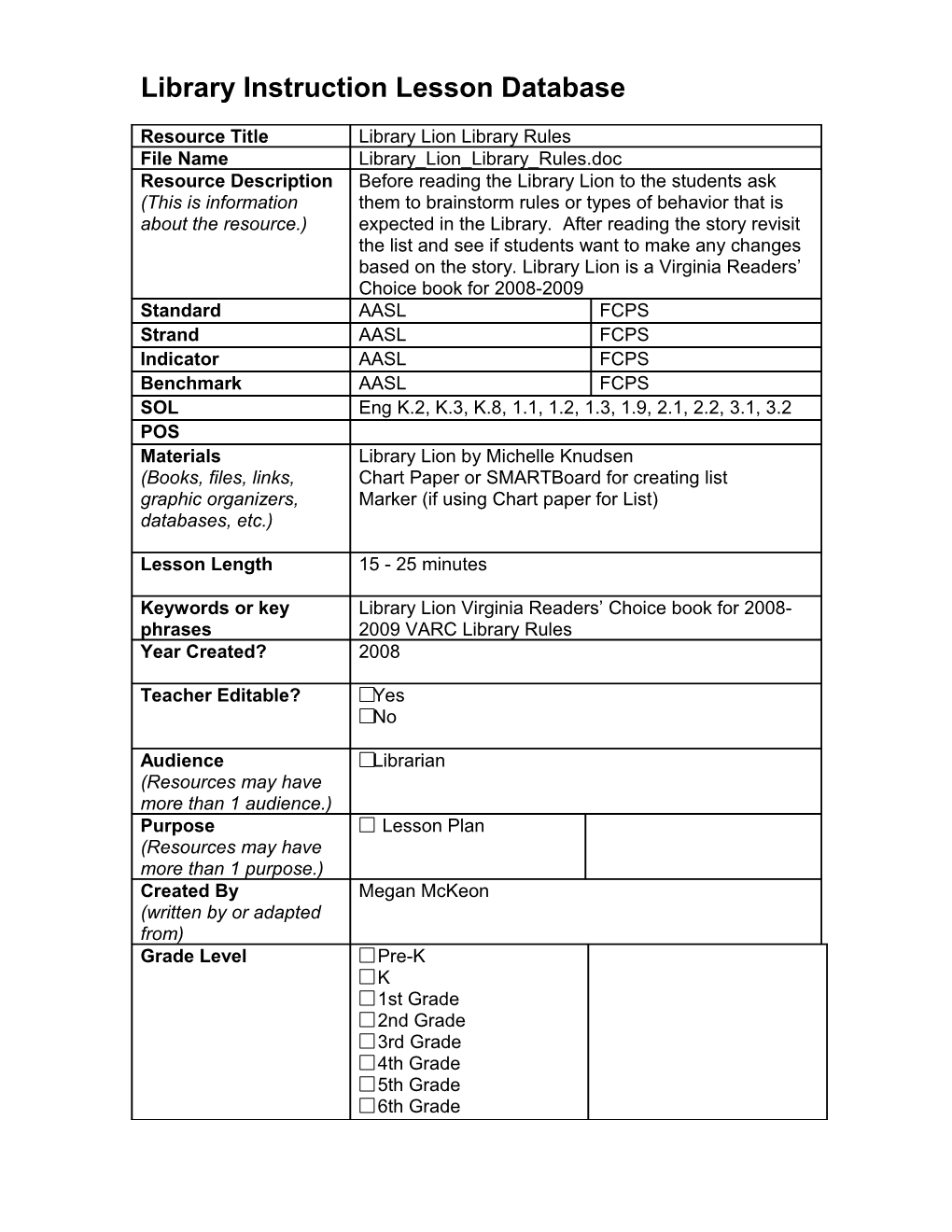 Library Instruction Lesson Database Template s4