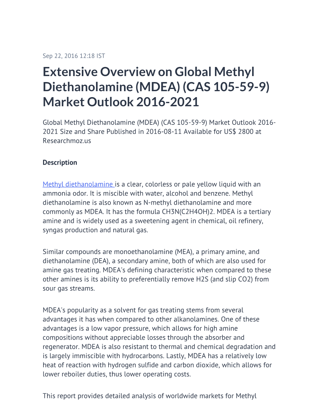 Extensive Overview on Global Methyl Diethanolamine (MDEA) (CAS 105-59-9) Market Outlook 2016-2021