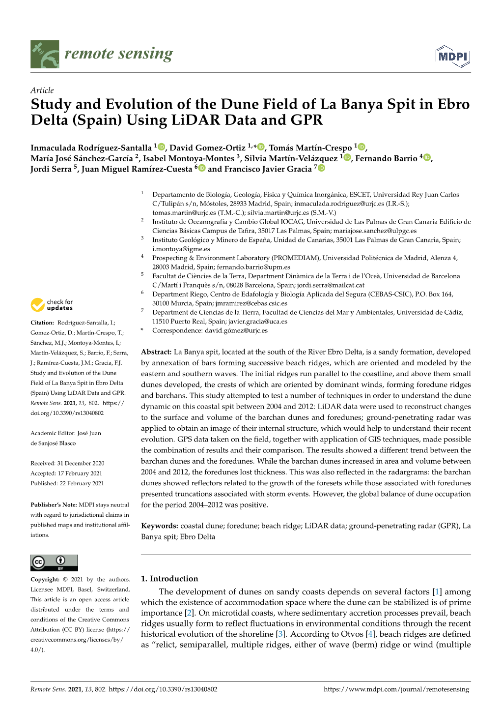 Study and Evolution of the Dune Field of La Banya Spit in Ebro Delta (Spain) Using Lidar Data and GPR