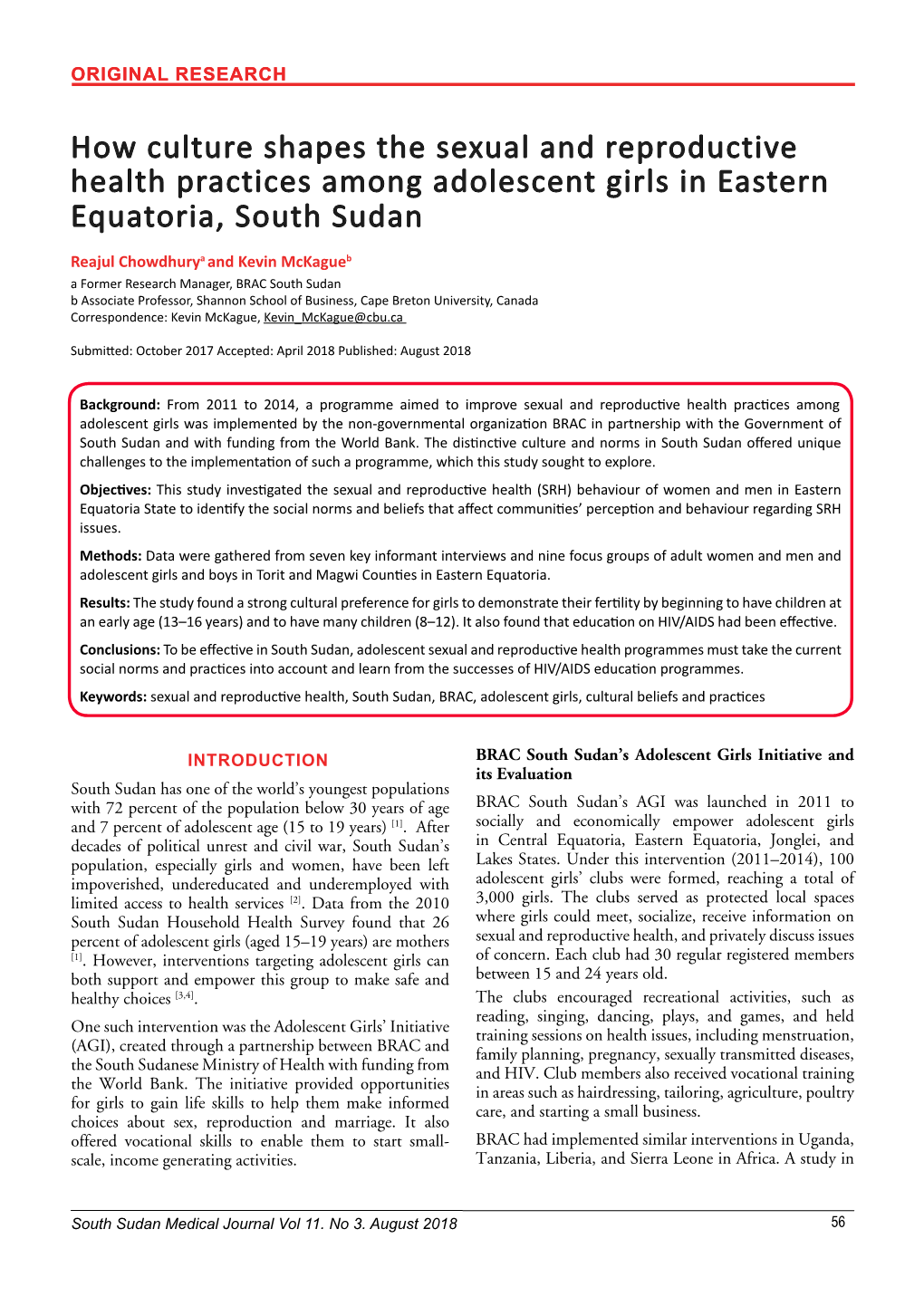 How Culture Shapes the Sexual and Reproductive Health Practices Among Adolescent Girls in Eastern Equatoria, South Sudan