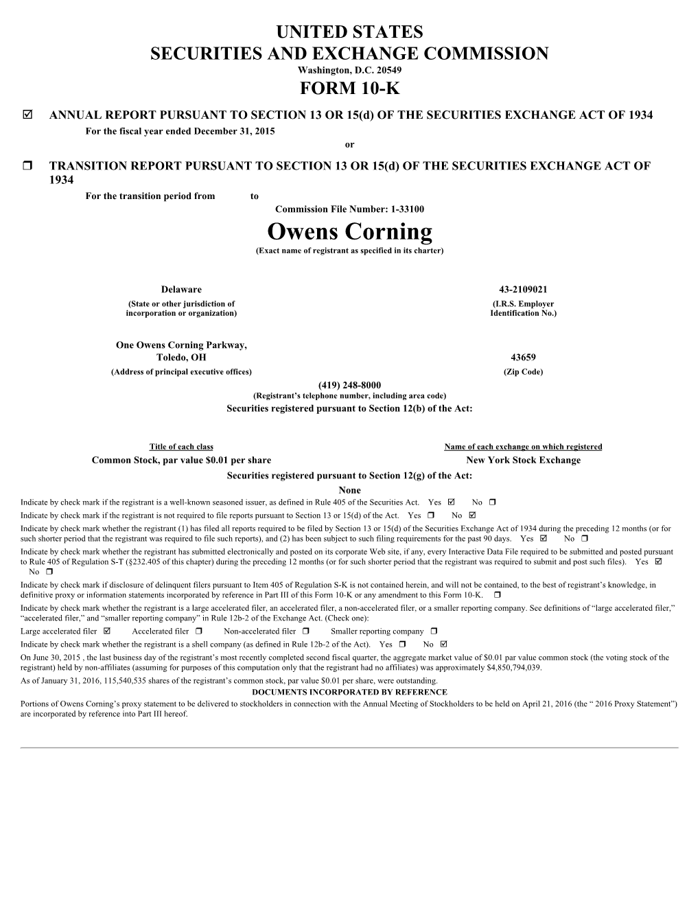 Owens Corning (Exact Name of Registrant As Specified in Its Charter)