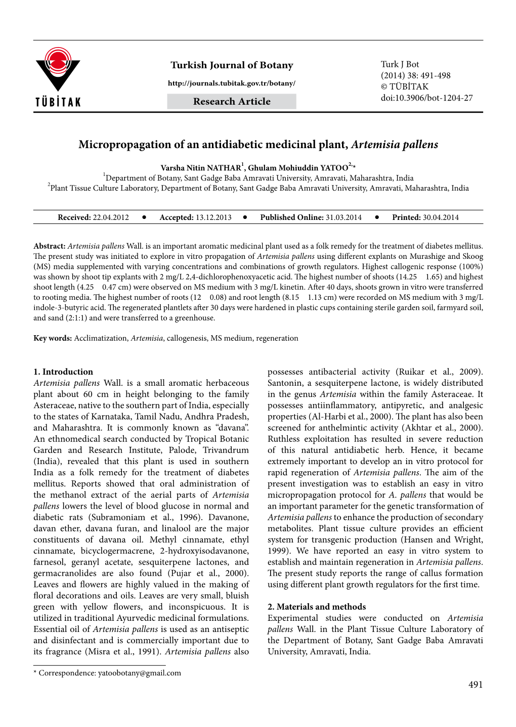 Micropropagation of an Antidiabetic Medicinal Plant, Artemisia Pallens