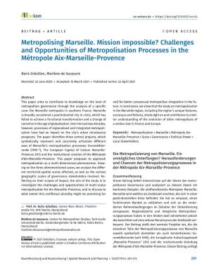 Metropolising Marseille. Mission Impossible? Challenges and Opportunities of Metropolisation Processes in the Métropole Aix-Marseille-Provence