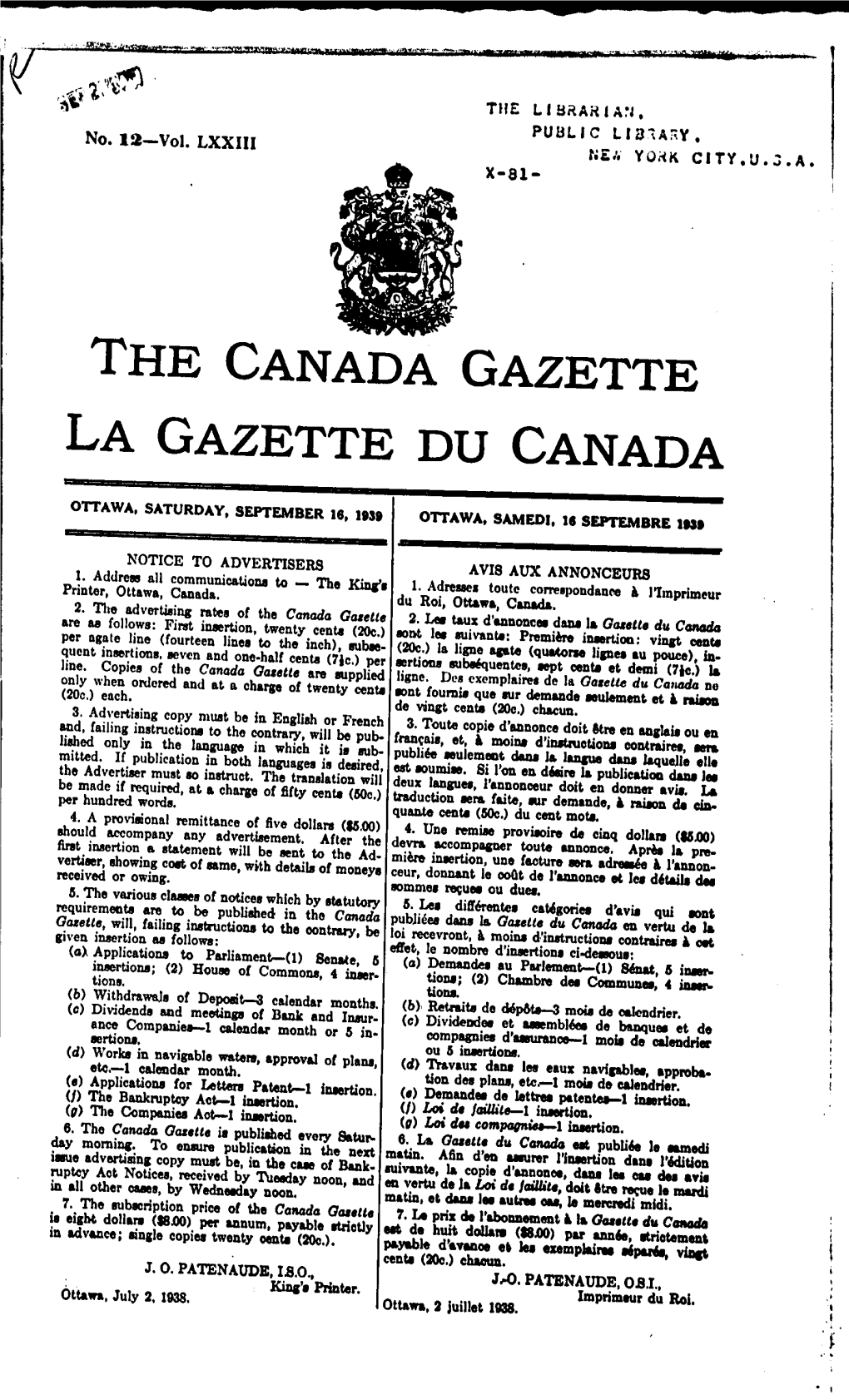 The Canada Gazette La Gazette Du Canada