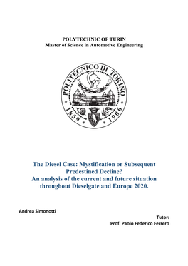 The Diesel Case: Mystification Or Subsequent Predestined Decline? an Analysis of the Current and Future Situation Throughout Dieselgate and Europe 2020