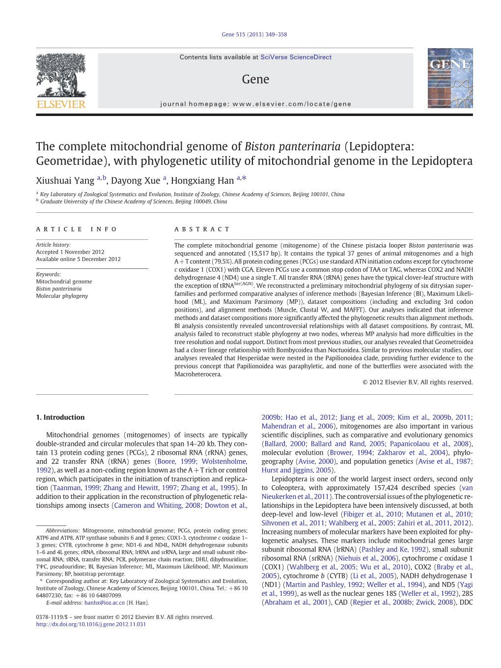 The Complete Mitochondrial Genome of Biston Panterinaria (Lepidoptera: Geometridae), with Phylogenetic Utility of Mitochondrial Genome in the Lepidoptera