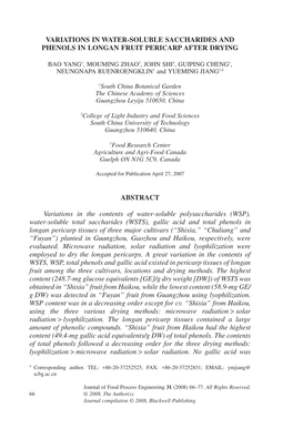 Variations in Water-Soluble Saccharides and Phenols in Longan Fruit Pericarp After Drying