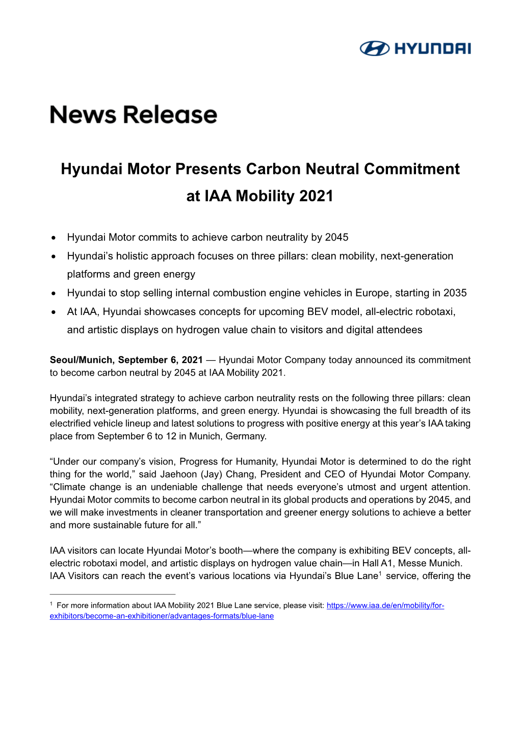 Hyundai Motor Presents Carbon Neutral Commitment at IAA Mobility 2021