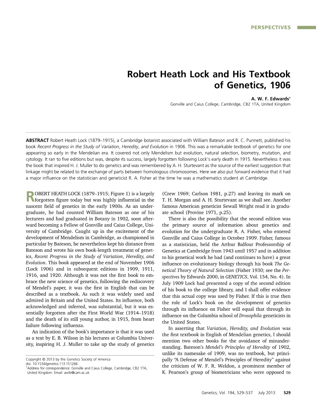 Robert Heath Lock and His Textbook of Genetics, 1906