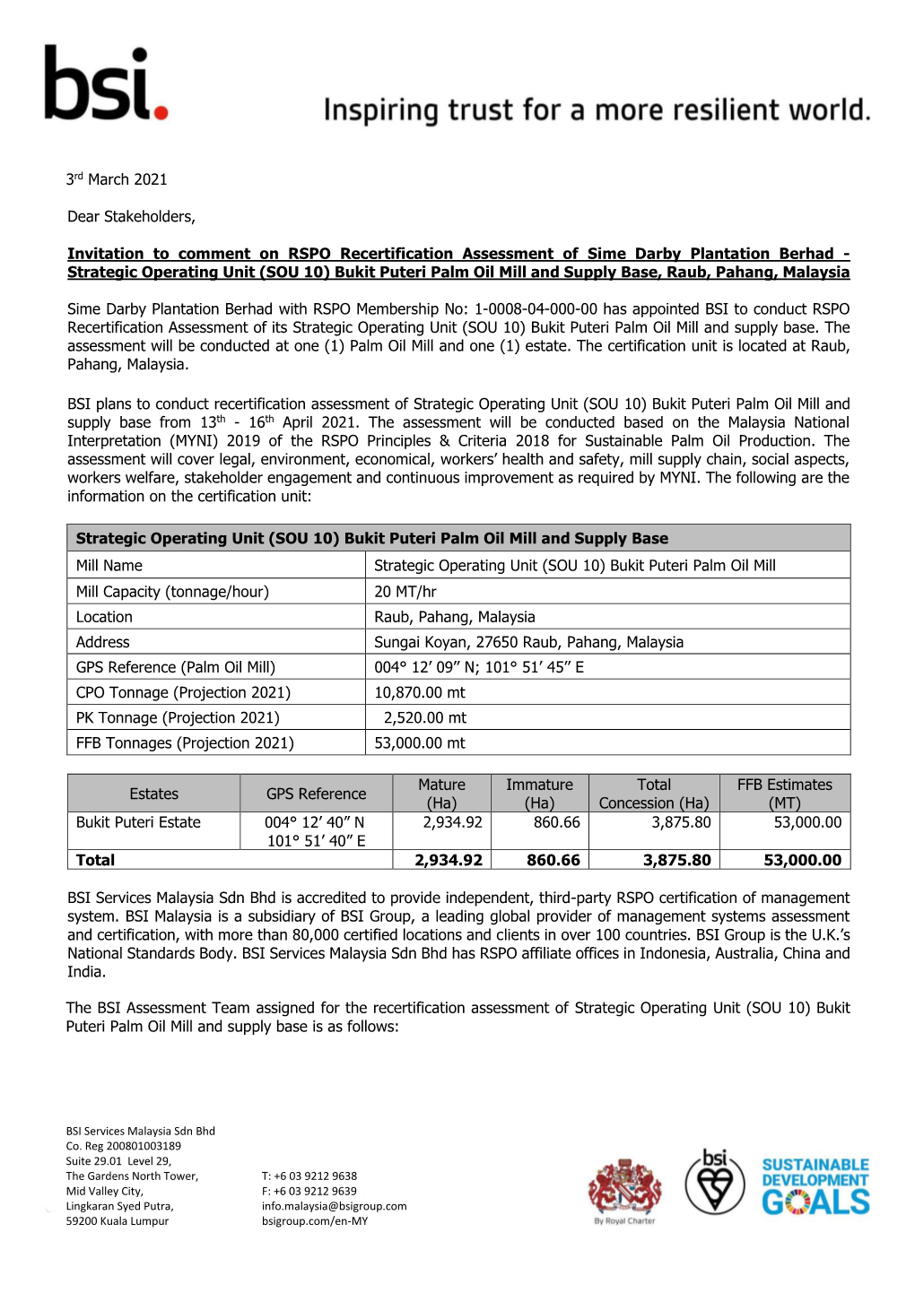 3Rd March 2021 Dear Stakeholders, Invitation to Comment on RSPO