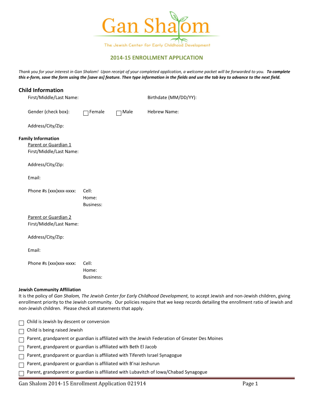 2014-15 Enrollment Application