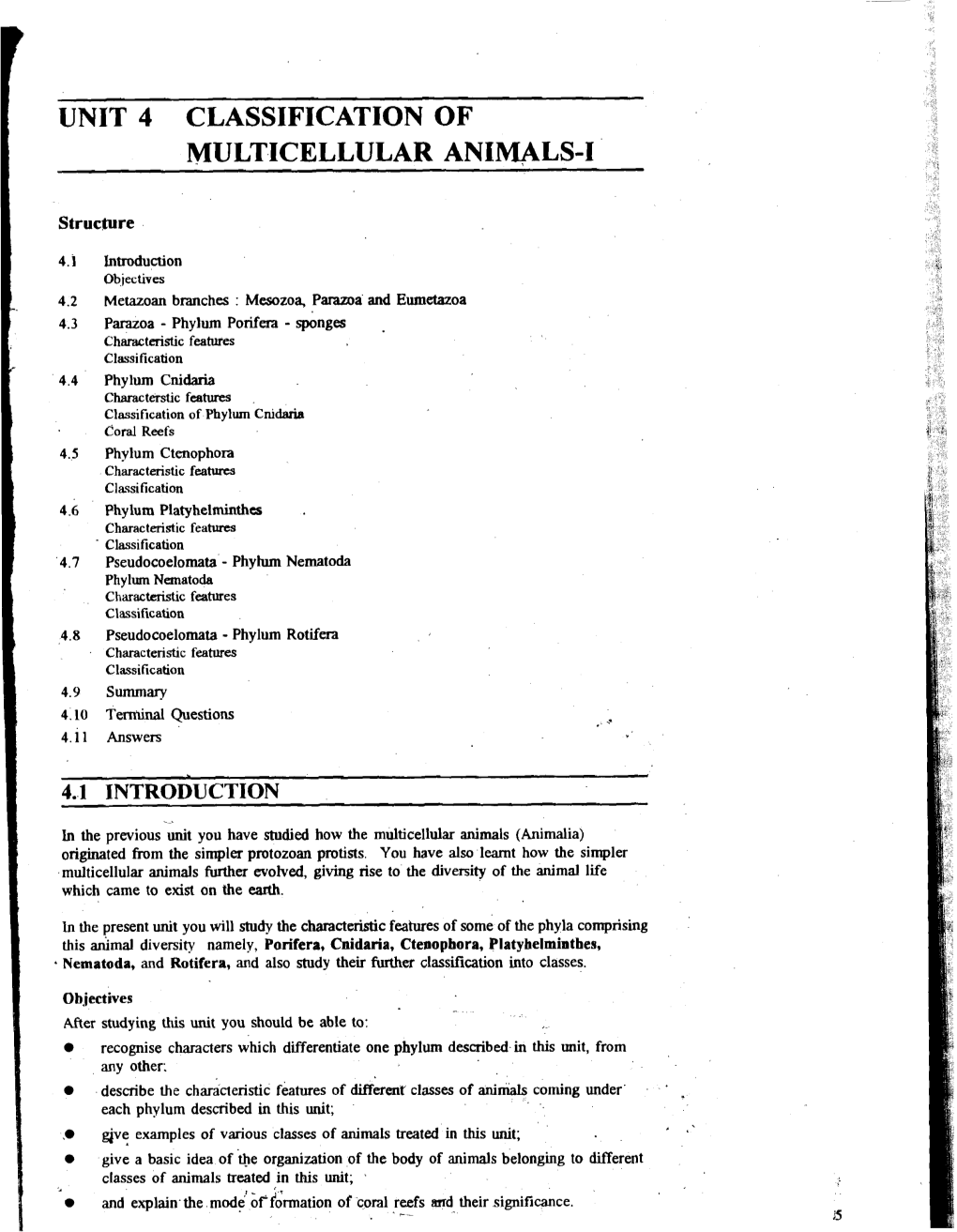 Unit 4 Classification of Multicellular Animals-I