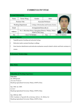 Personal Information Name Taotao Wang Gender Male Position Title Associate Professor Working Department