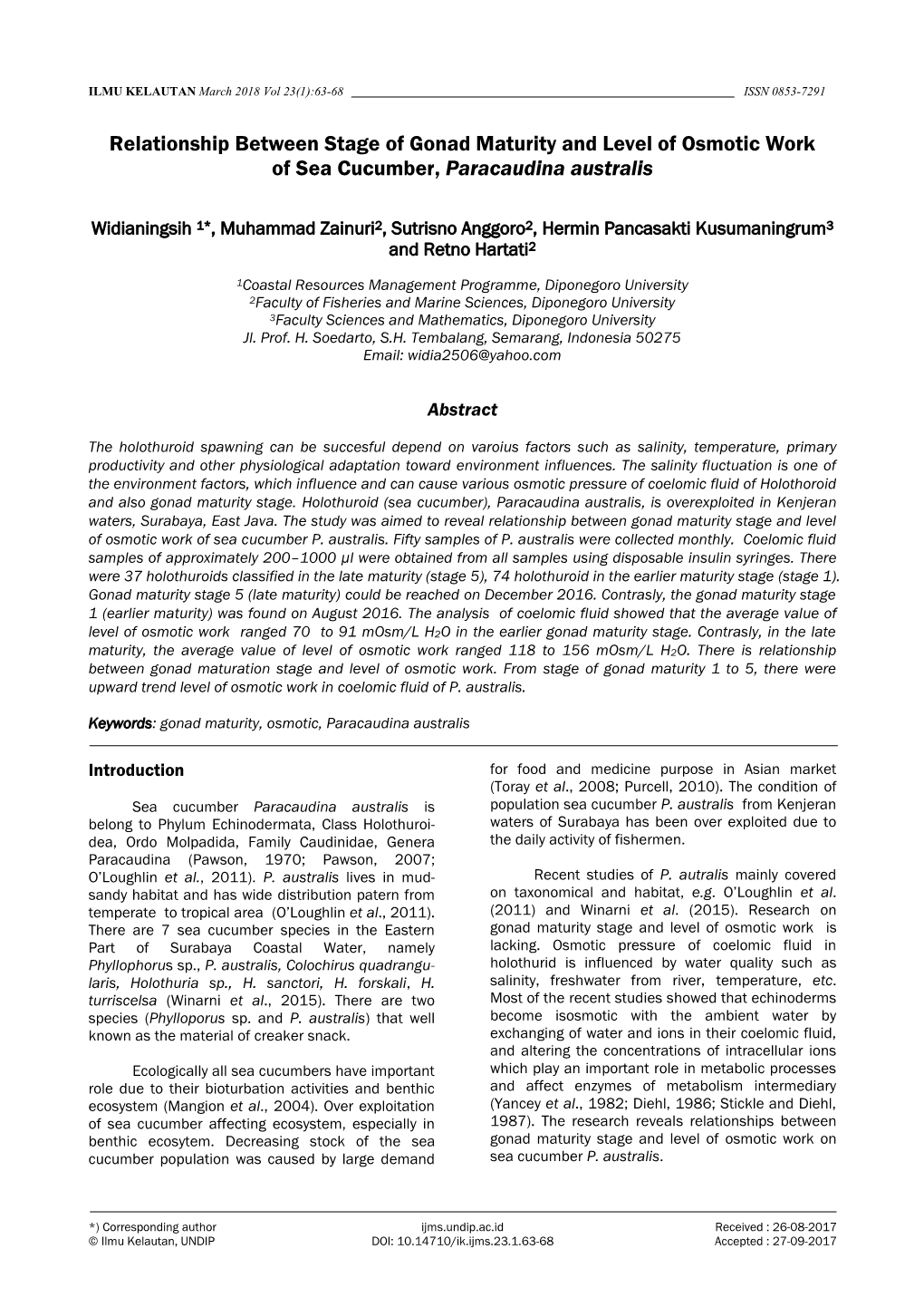 The Relationship Between Gonad Maturity Stage and Level Working