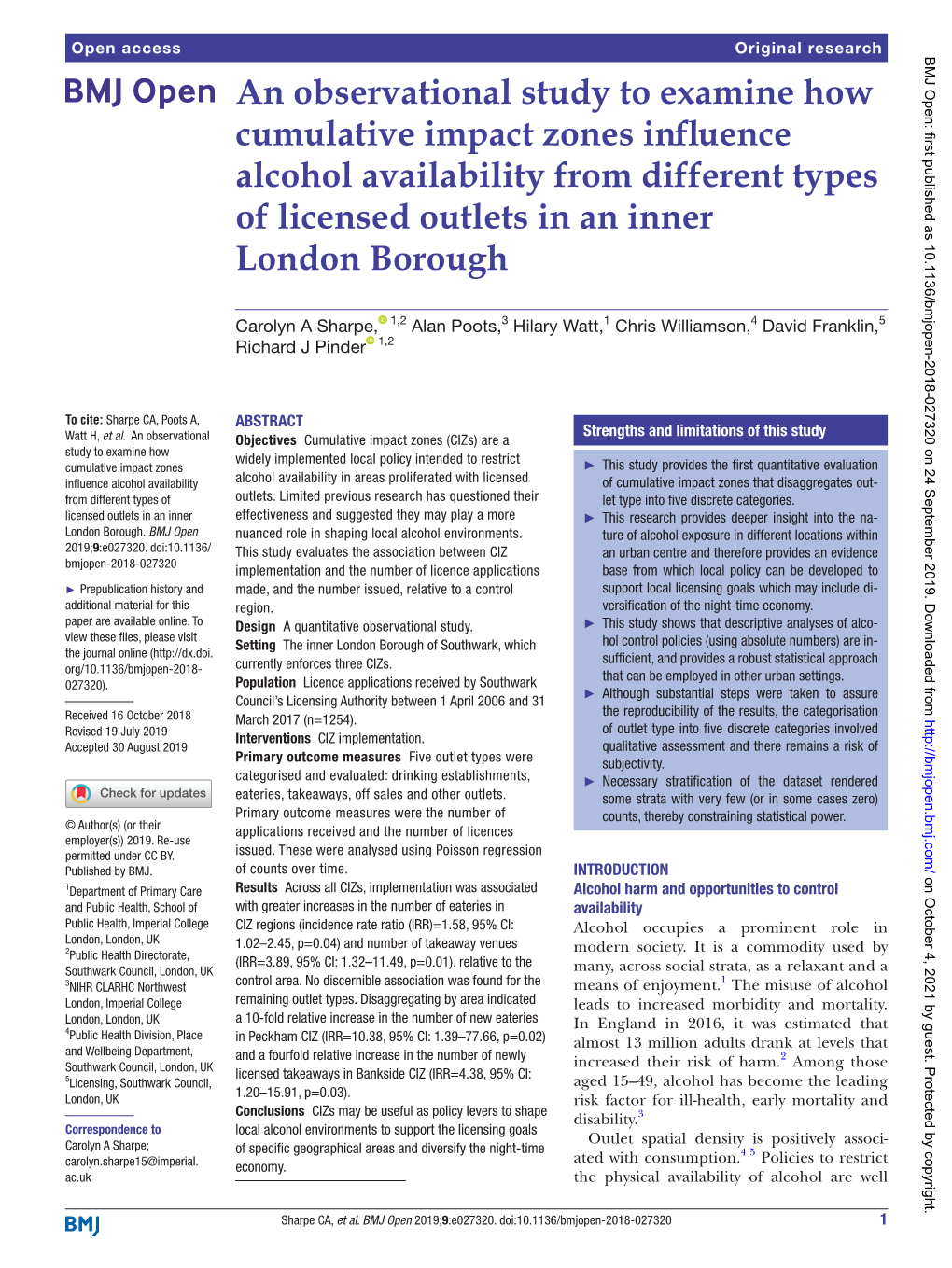 An Observational Study to Examine How Cumulative Impact Zones Influence Alcohol Availability from Different Types of Licensed Outlets in an Inner London Borough