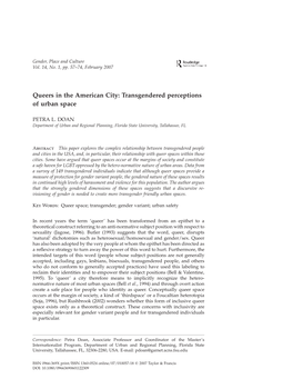 Queers in the American City: Transgendered Perceptions of Urban Space
