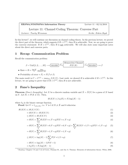 Lecture 11: Channel Coding Theorem: Converse Part 1 Recap