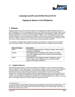 Language Specific Peculiarities Document for Tagalog As Spoken In