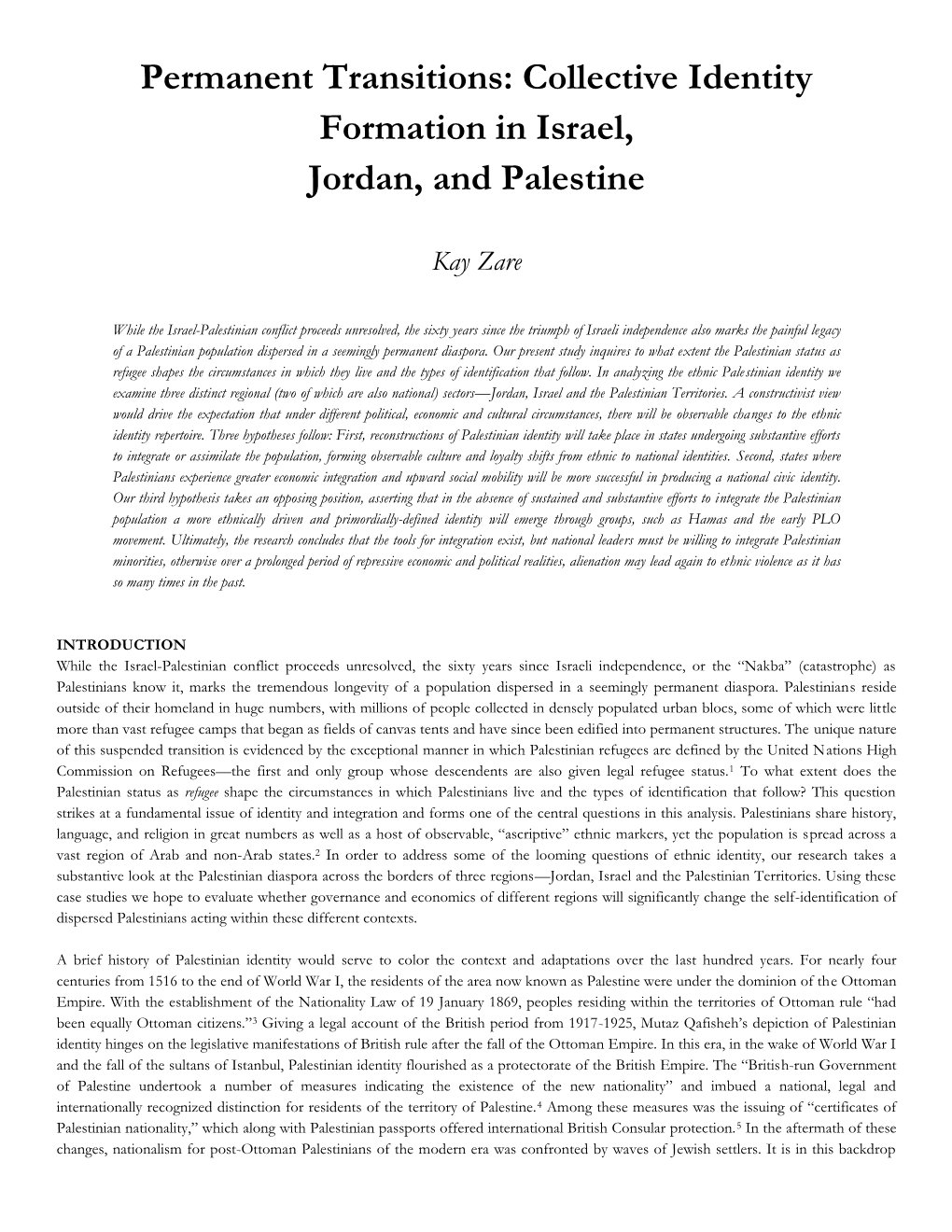 Permanent Transitions: Collective Identity Formation in Israel, Jordan, and Palestine