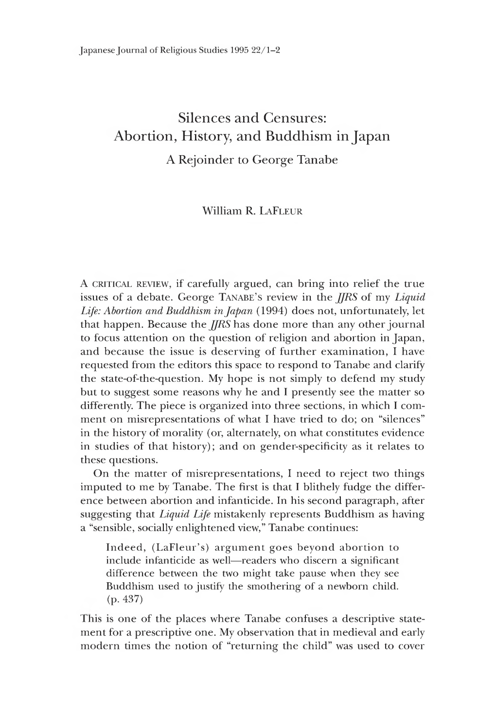 Abortion, History, and Buddhism in Japan a Rejoinder to George Tanabe