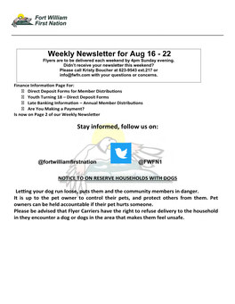 Weekly Newsletter for Aug 16 - 22 Flyers Are to Be Delivered Each Weekend by 4Pm Sunday Evening