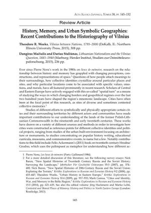 History, Memory, and Urban Symbolic Geographies: Recent Contributions to the Historiography of Vilnius