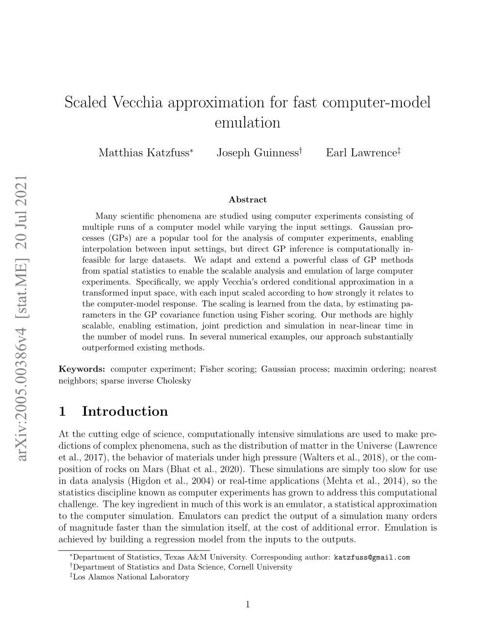 Scaled Vecchia Approximation for Fast Computer-Model Emulation Arxiv