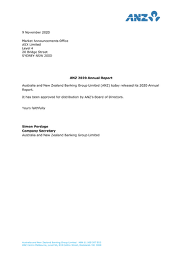 9 November 2020 Market Announcements Office ASX Limited Level 4 20 Bridge Street SYDNEY NSW 2000 ANZ 2020 Annual Report Australi
