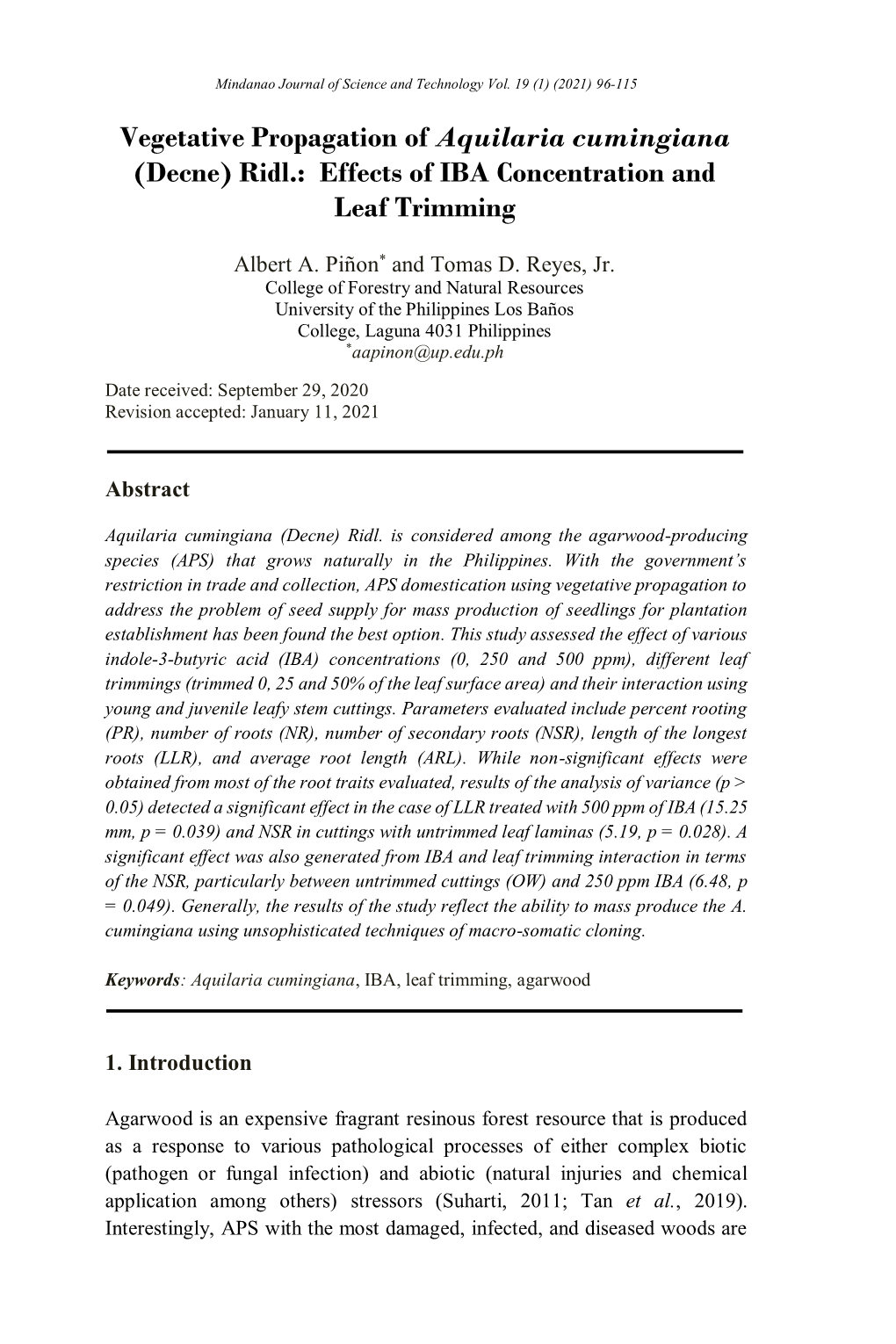 Vegetative Propagation of Aquilaria Cumingiana (Decne) Ridl.: Effects of IBA Concentration and Leaf Trimming