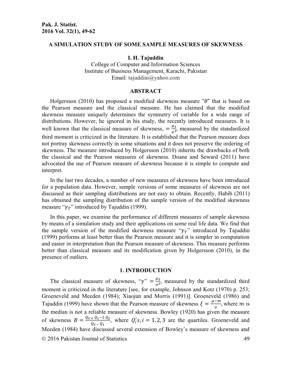 A Simulation Study of Some Sample Measures of Skewness