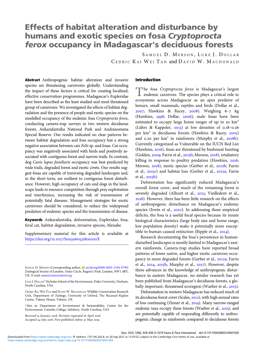 Cryptoprocta Ferox Occupancy in Madagascar's Deciduous Forests