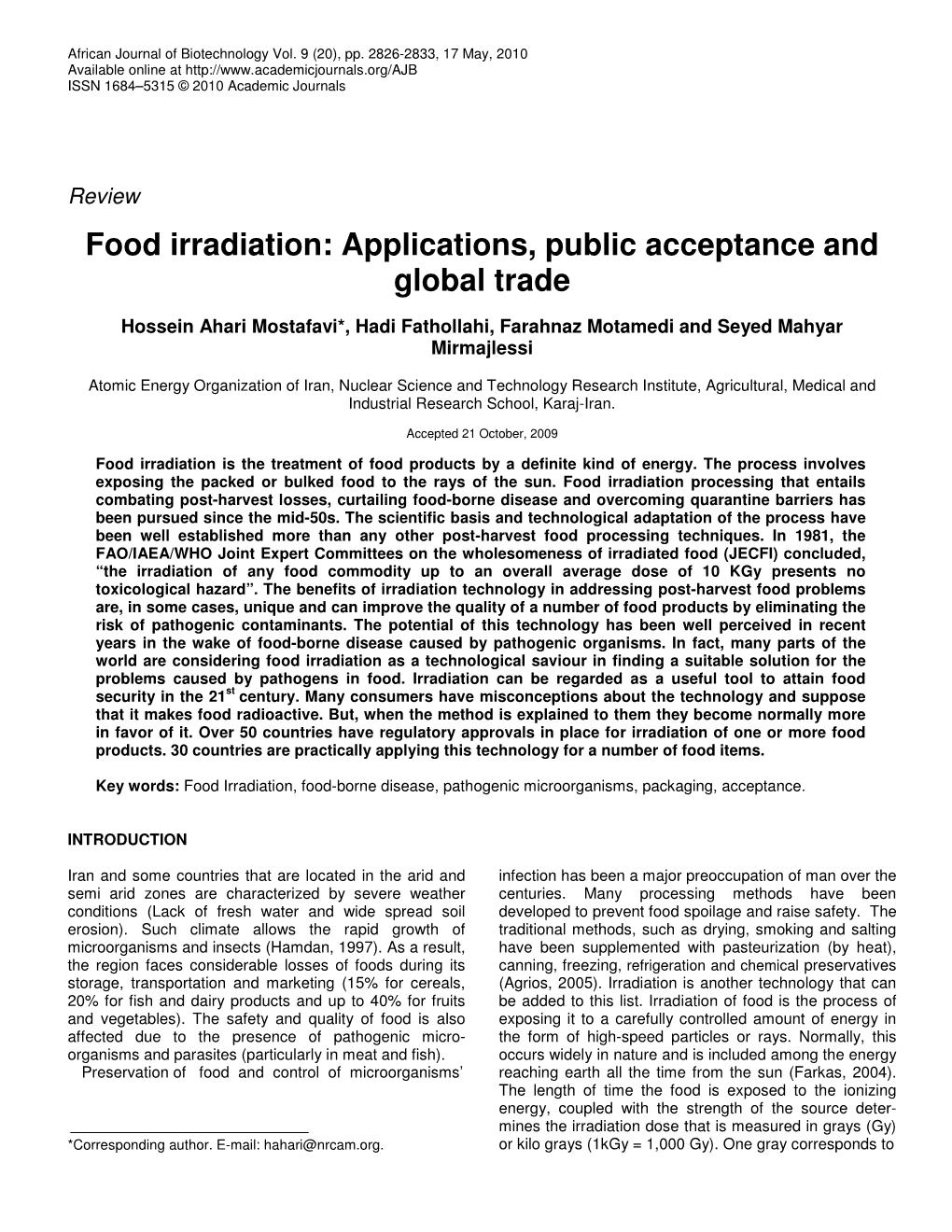 Food Irradiation: Applications, Public Acceptance and Global Trade