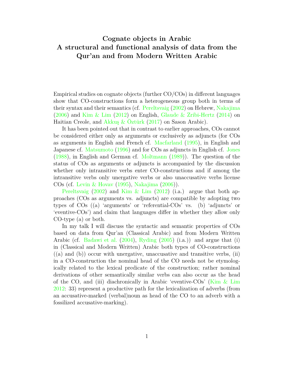 Cognate Objects in Arabic a Structural and Functional Analysis of Data from the Qur’An and from Modern Written Arabic