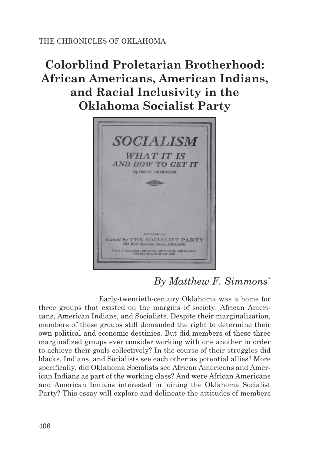 Colorblind Proletarian Brotherhood: African Americans, American Indians, and Racial Inclusivity in the Oklahoma Socialist Party