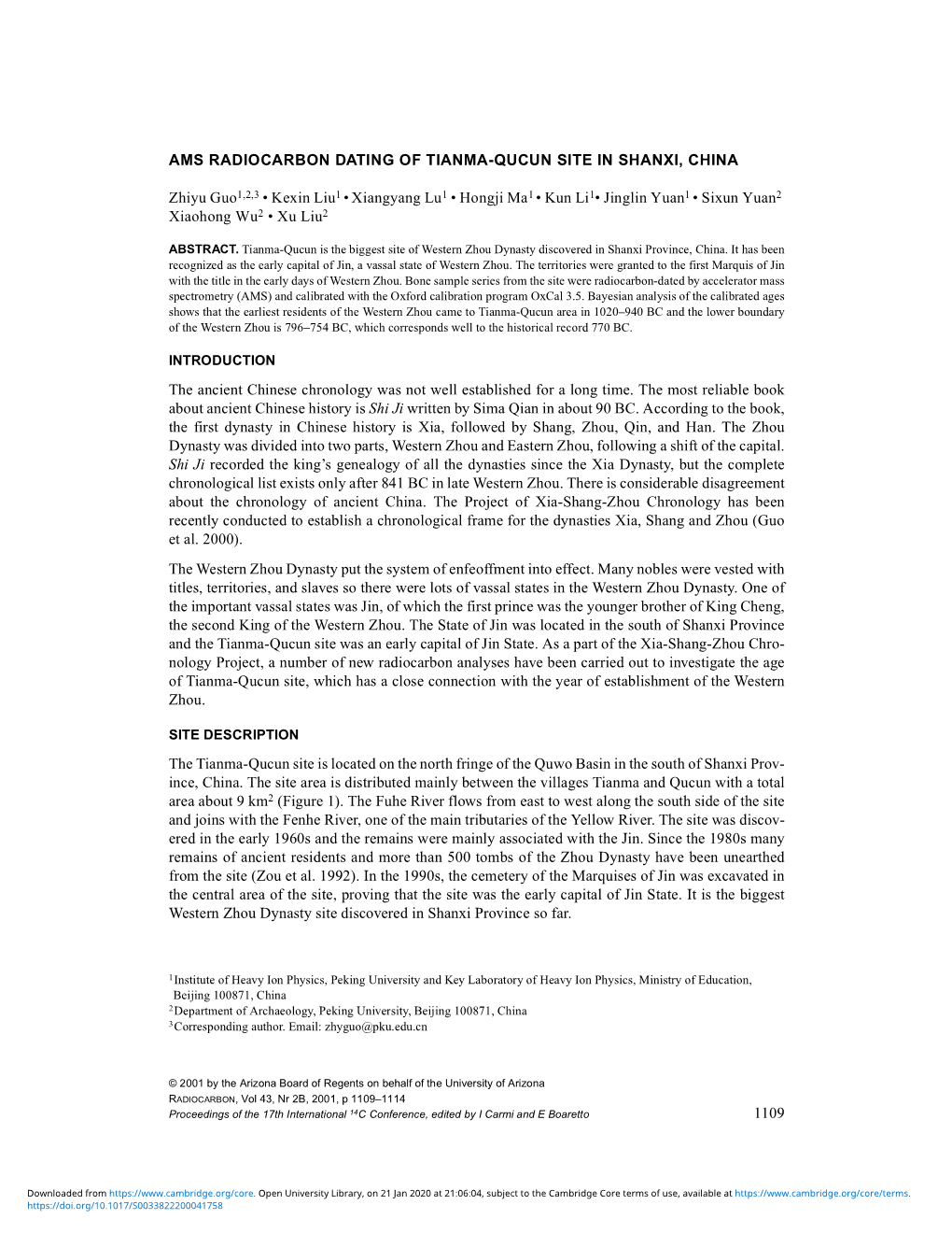 1109 Ams Radiocarbon Dating of Tianma-Qucun Site