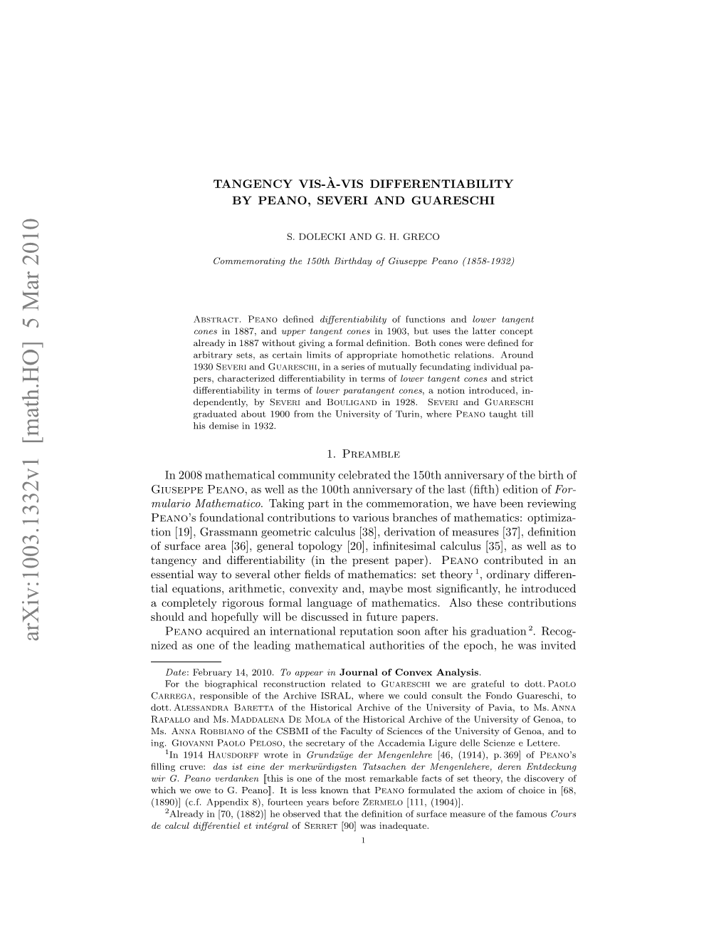 Tangency Vis-A'-Vis Differentiability by Peano, Severi and Guareschi