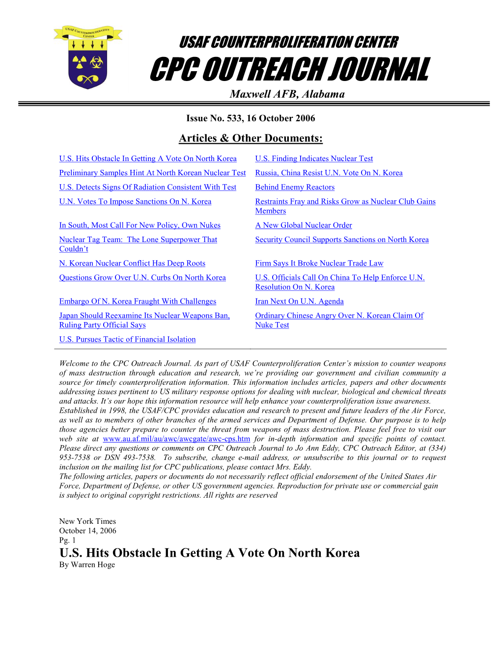 USAF Counterproliferation Center CPC Outreach Journal #533